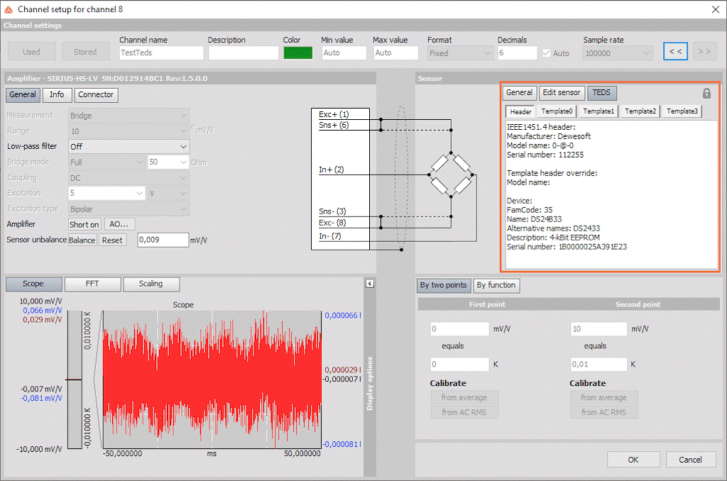 TEDS information shown in DewesoftX channel setup